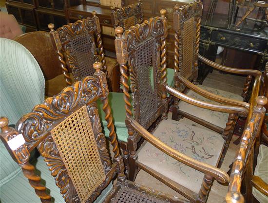 Set eight Carolean style oak dining chairs